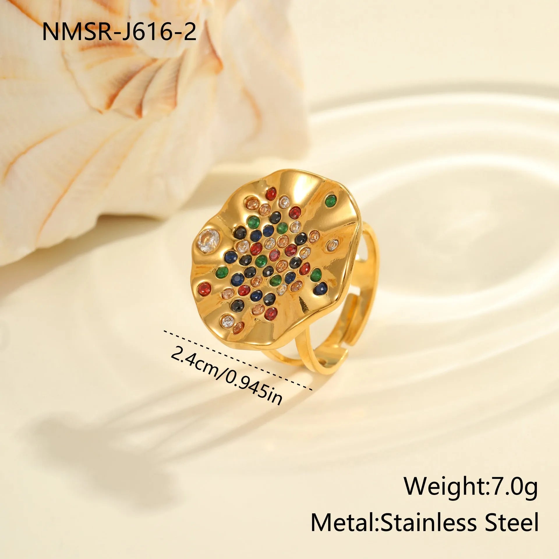 Geometric open-mouth stainless steel ring with pleated inlaid colour diamonds on a white background.