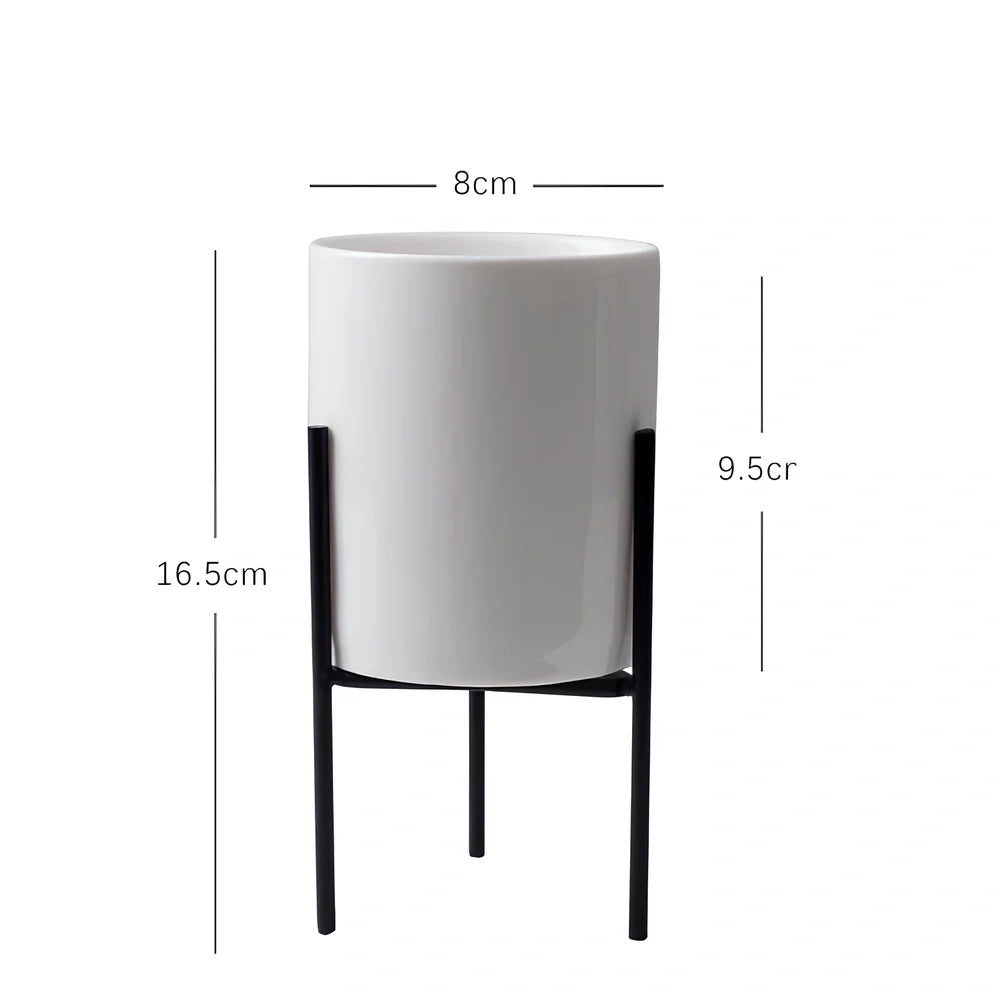 Black iron frame with white ceramic succulent flowerpot in 12.5cm and 16.5cm diameter sizes