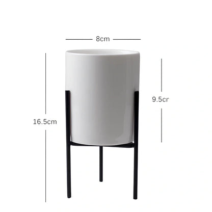 Black iron frame with white ceramic succulent flowerpot in 12.5cm and 16.5cm diameter sizes