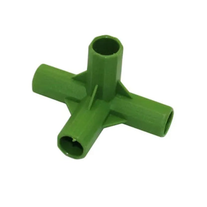 Two white plastic 3-way and 4-way connectors for joining 11mm garden poles to build plant support frames.