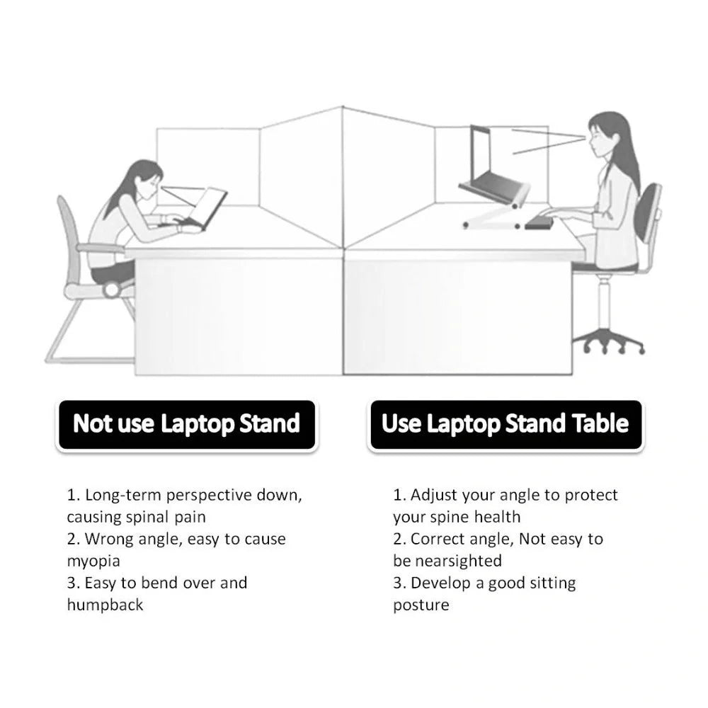 Adjustable foldable laptop stand in black and white, supporting ergonomic posture for laptops and tablets