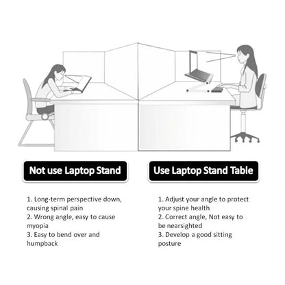 Adjustable foldable laptop stand in black and white, supporting ergonomic posture for laptops and tablets