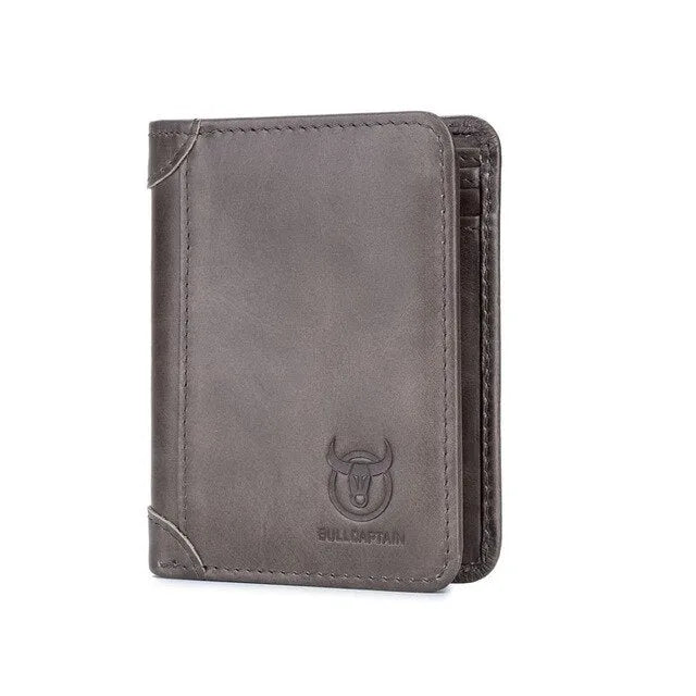 Men's casual leather wallet in black with two-fold cover, showing internal compartments including secret section.