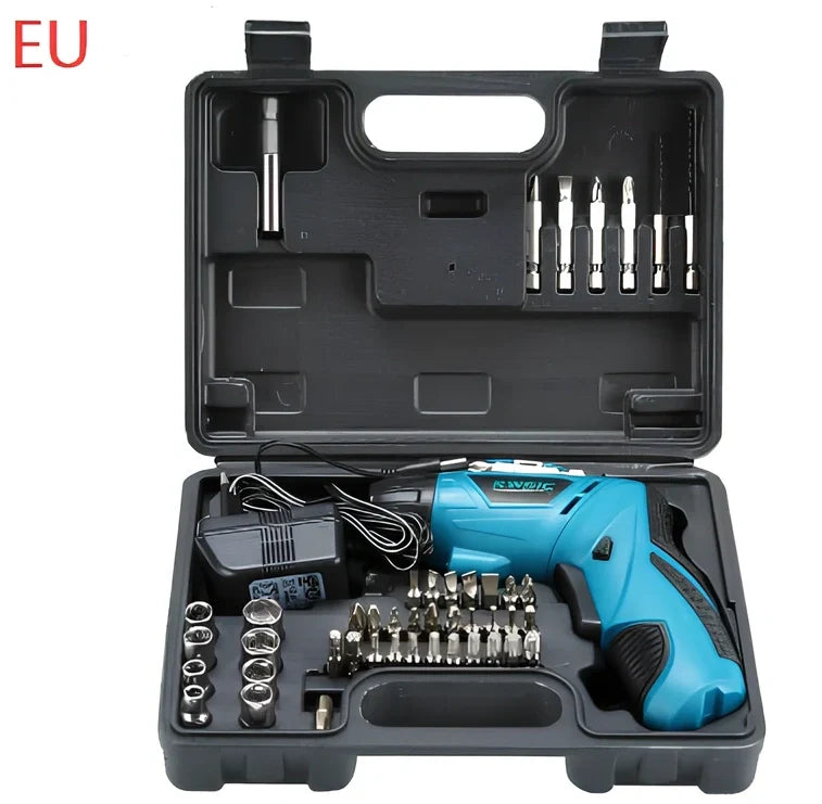 4.8V blue electric screwdriver with rotating handle and battery indicator light display