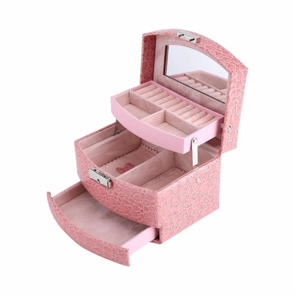 3-layer leather jewellery and makeup storage box with mirror, available in five colours
