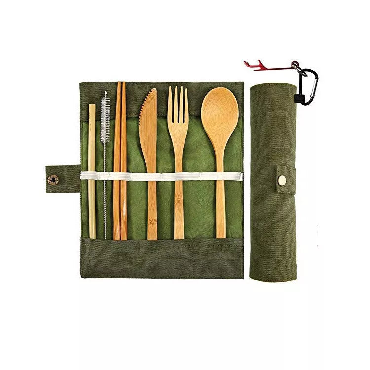 Bamboo straw set with knife, fork, spoon, chopsticks, and cleaning accessories