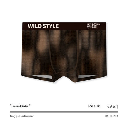 Men's leopard print polyester underwear trunks in mid waist style on a white background.