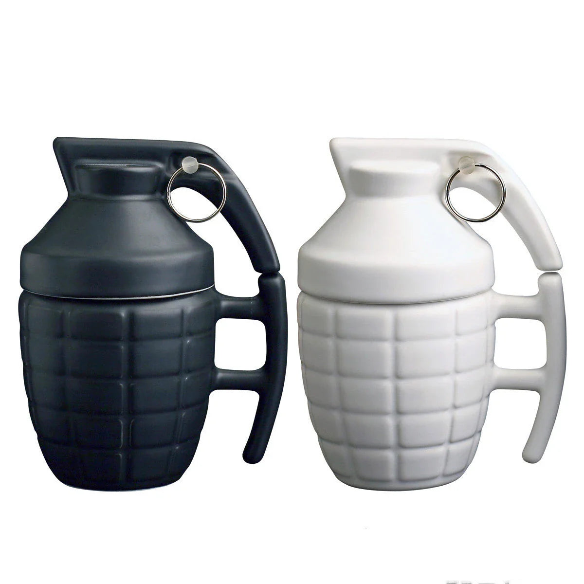 Stylish and durable grenade-shaped ceramic coffee mug with a secure lid, perfect for outdoor adventures and office use.