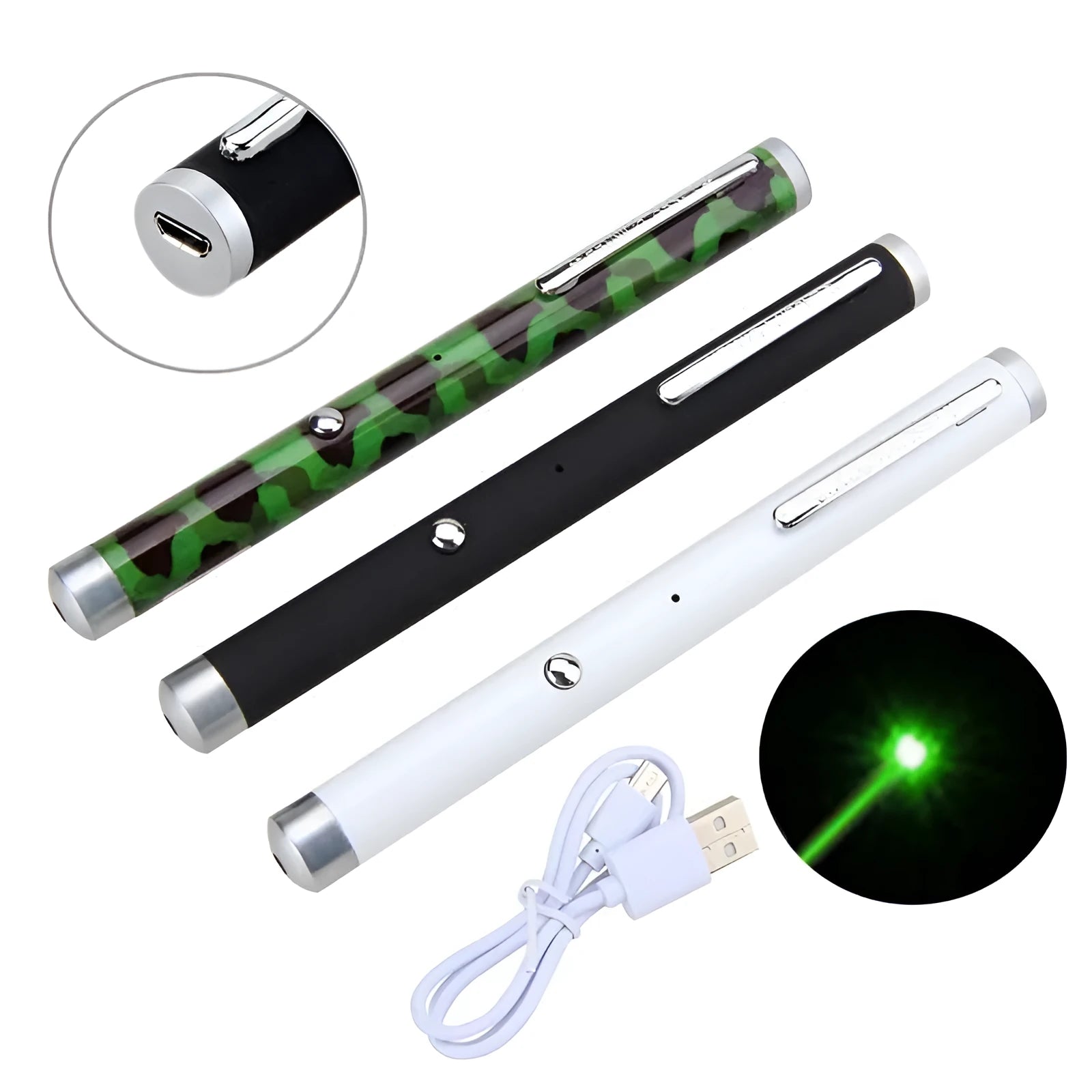 Green laser pointer pen showing beam projection with black, camouflage, and white colour options