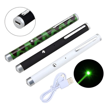 Green laser pointer pen showing beam projection with black, camouflage, and white colour options