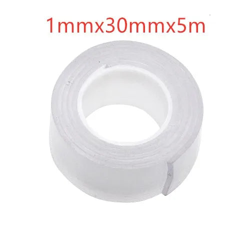 Roll of washable PU nano gel double-sided adhesive tape in various width options on a white background.