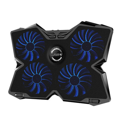 Blue computer cooling base with four illuminated fans, USB ports and speed control switches