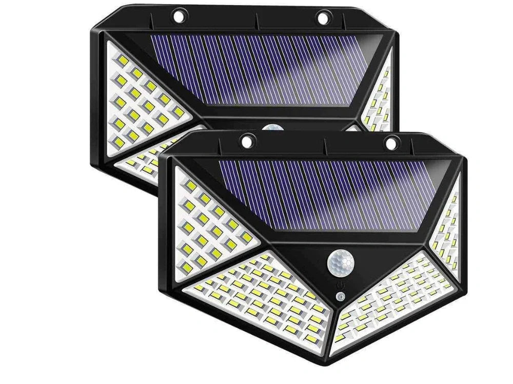 Solar-powered motion sensor wall lamp with 100 LED lights measuring 13x9.5x5cm