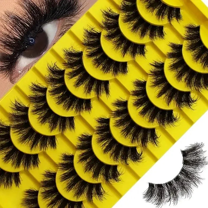 10 pairs of 3D multi-layer false eyelashes showing five different style options with black and transparent stems