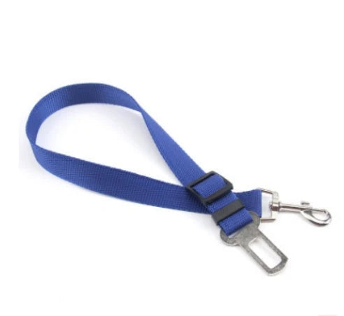 Adjustable dog seat belt with secure clip and buckle for attaching to pet harness and vehicle seatbelt