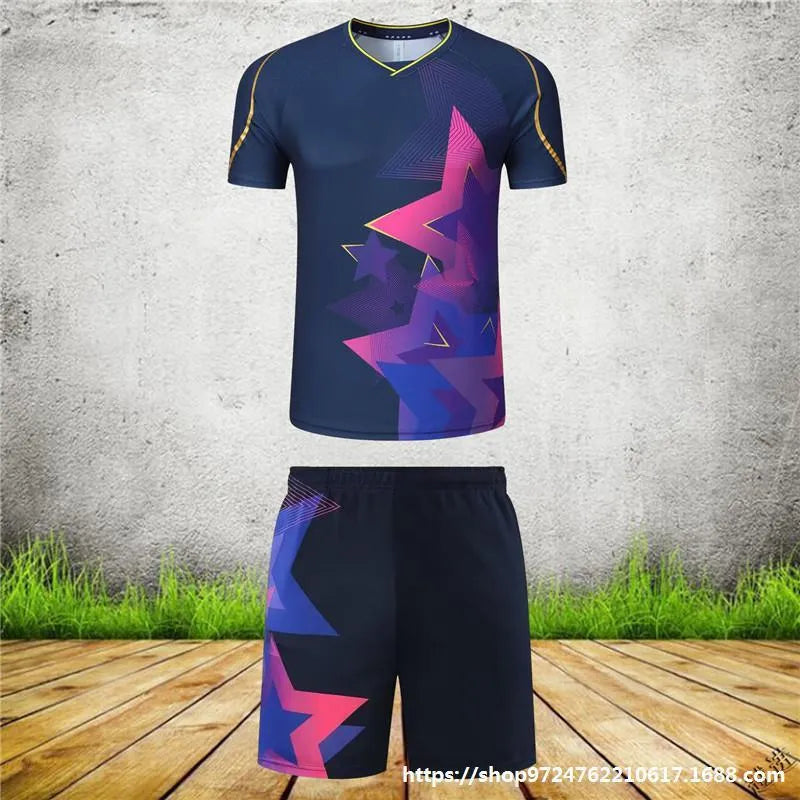 A man and woman modelling a blue and purple badminton sportswear outfit consisting of a short-sleeved top and trousers.
