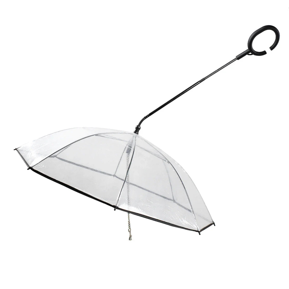 Adjustable transparent pet umbrella with comfortable C-shaped handle and durable PVC and glass fibre construction