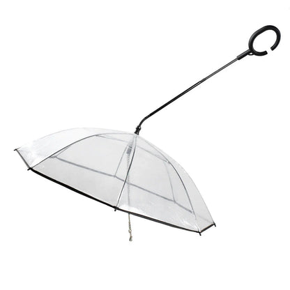 Adjustable transparent pet umbrella with comfortable C-shaped handle and durable PVC and glass fibre construction