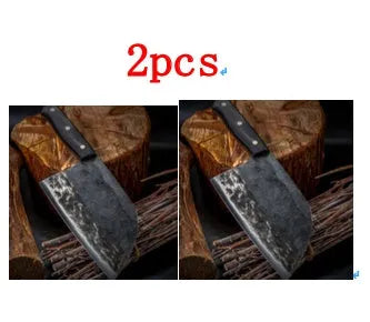 Hand-made stainless steel meat cleaver with a 17cm round head blade on a kitchen surface.