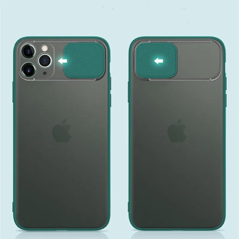 Lens sliding phone case with PC and TPU construction, slim back cover style featuring colour contrast accents, compatible with iPhone 11 Pro, 12 Pro Max, 7 Plus, 8 Plus, X, XS Max models in black, green, pink, purple, red colour options
