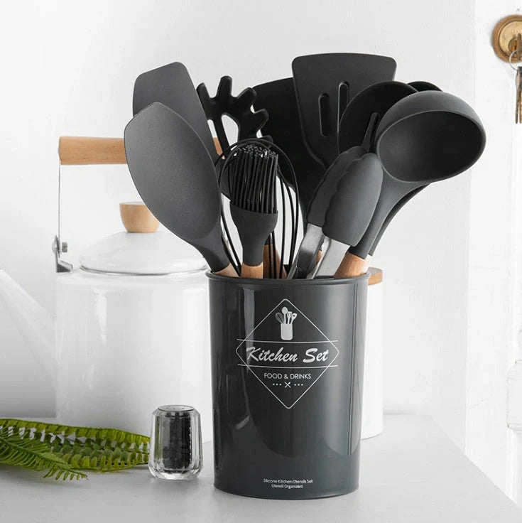 Premium silicone kitchenware set with wooden handle, ideal for cooking and baking