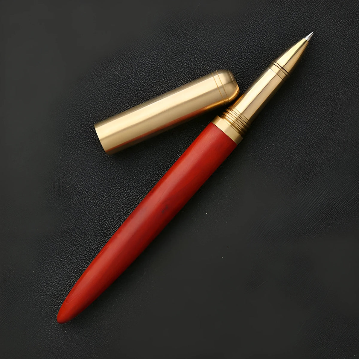 Brass and sandalwood signature pen with wood grain detail showing length and width dimensions