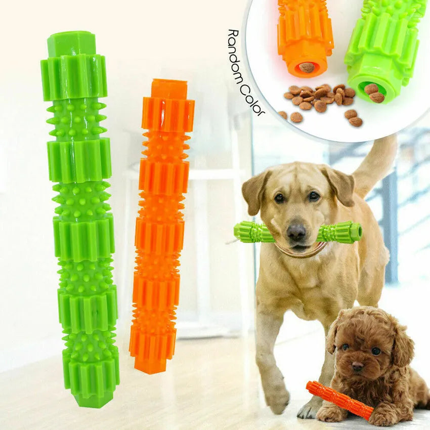 Green and orange rubber dog chew toy with treat dispensing compartment for aggressive chewing dogs