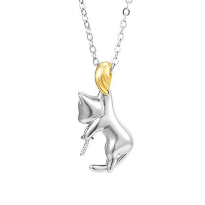 Close-up of a delicate 925 sterling silver cat charm on a 45cm clavicle chain with a lobster clasp.