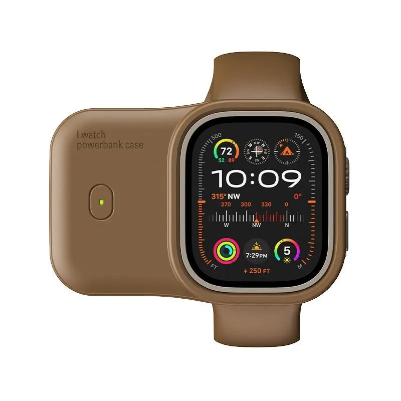 Apple Watch Ultra portable wireless power bank charging case in brown, midnight blue, or starlight.