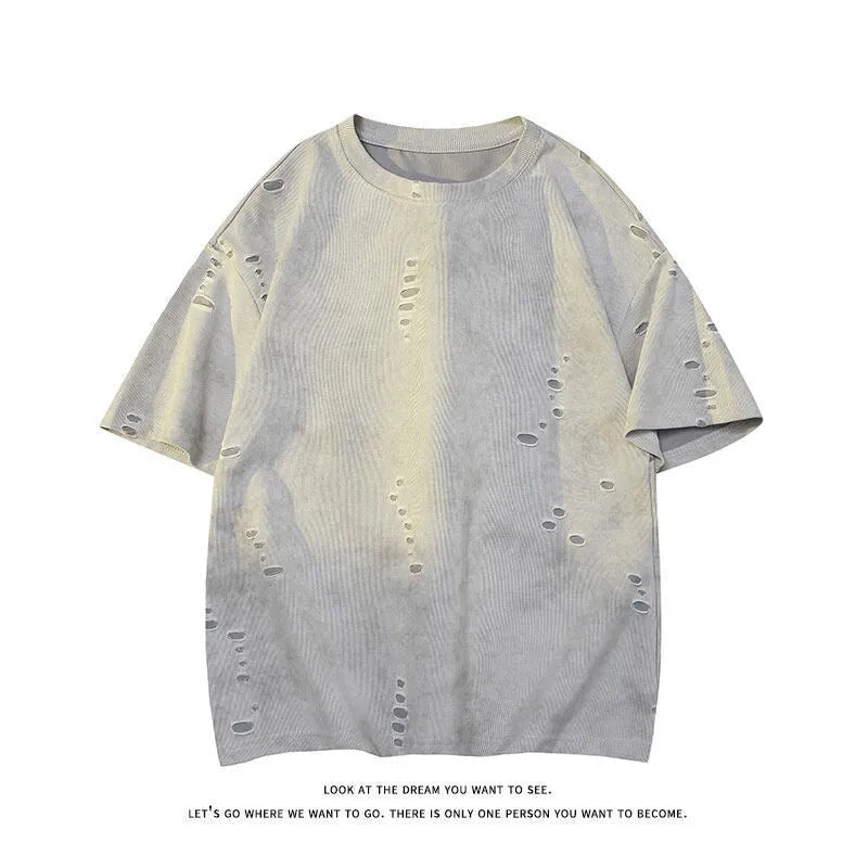 Men's grey distressed rip short sleeve t-shirt with loose fit cotton blend fabric