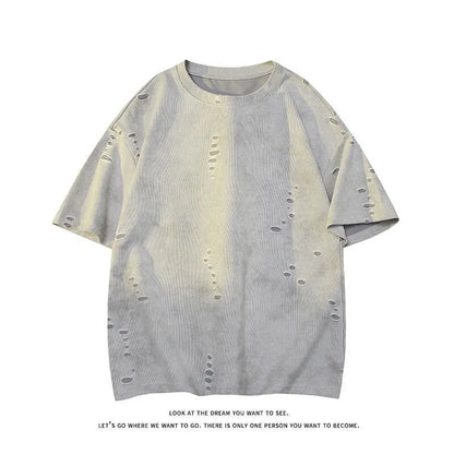 Men's grey distressed rip short sleeve t-shirt with loose fit cotton blend fabric