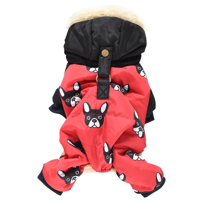 Four-legged dog cotton clothes in black or red, sizes S to XXL, showing back length and bust measurements
