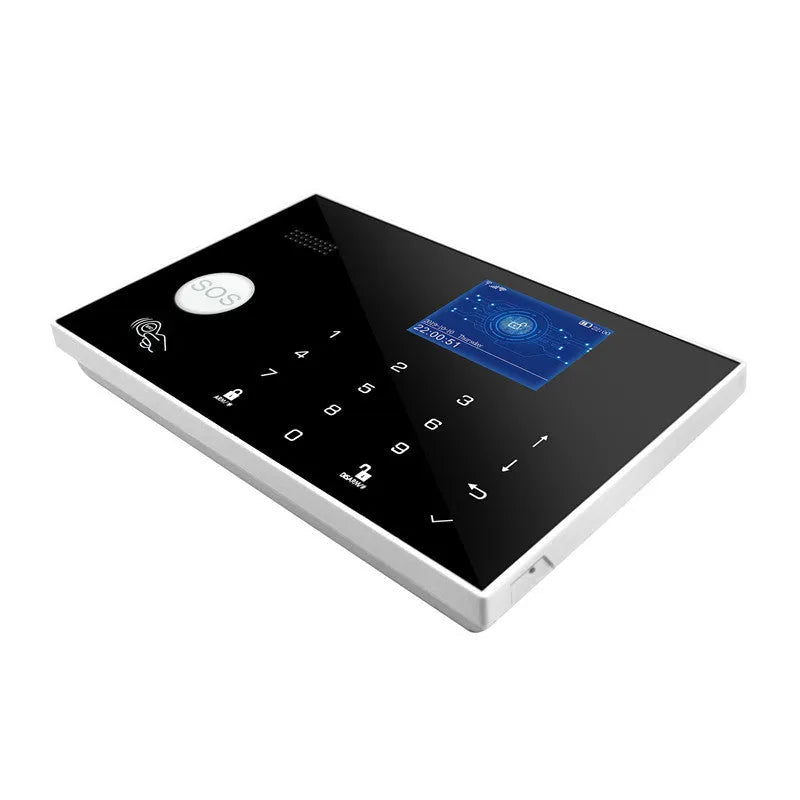 Intelligent WiFi GSM burglar alarm host with wireless touch button control, 80dB loudness, supports China Mobile and China Unicom SIM cards, offers telephone alarm mode and configures up to 100 wireless devices for household or small business security