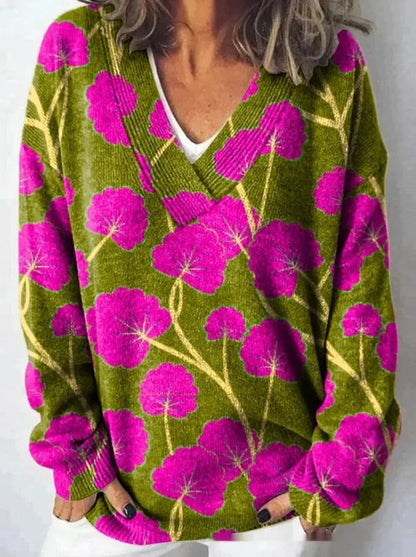 Women's V-neck sweatshirt with a detailed 3D floral pattern print in art retro style.