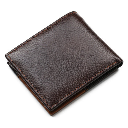 Brown leather wallet with car stitching, open to show bill holder, card slots, and zipper compartment