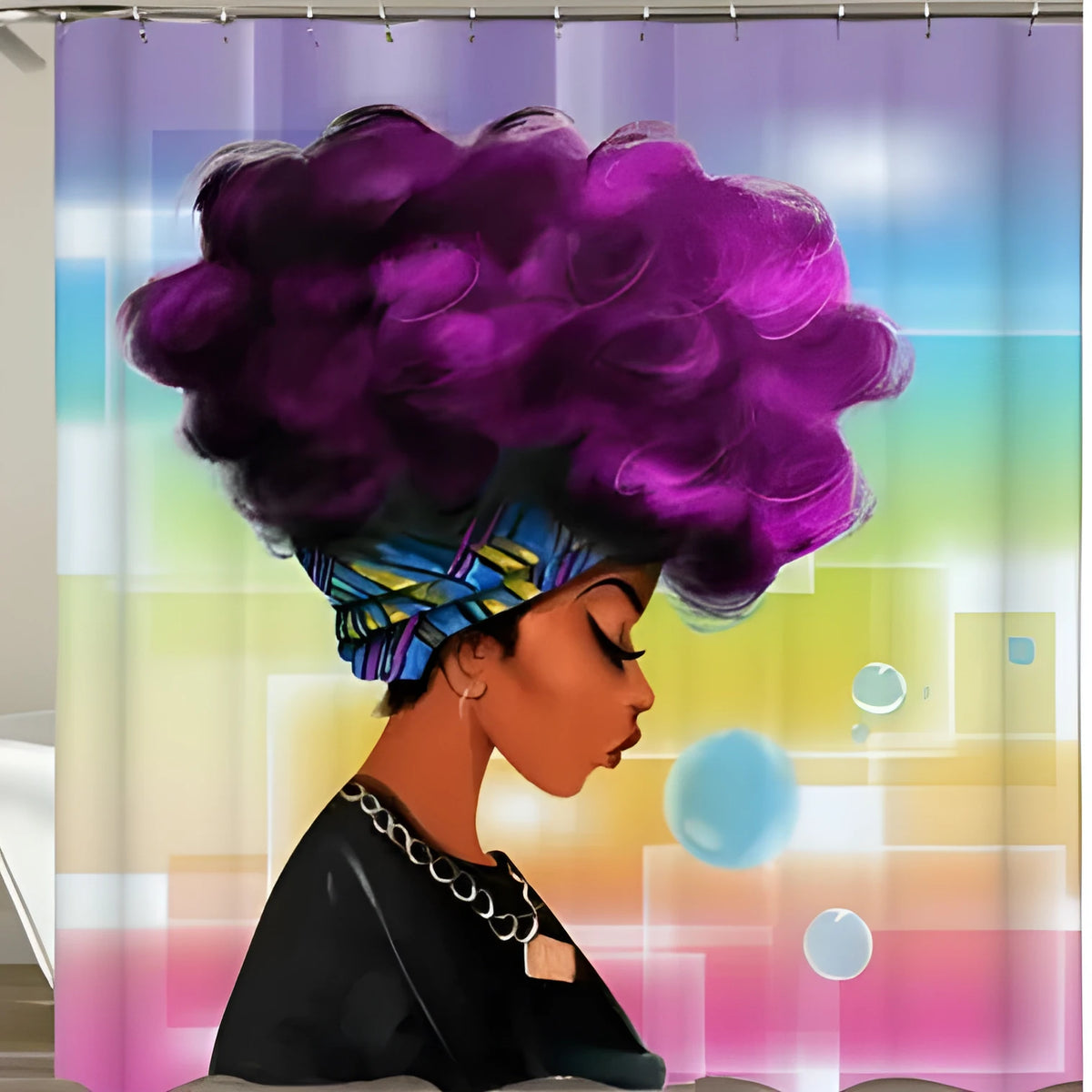 Waterproof polyester shower curtain with 3D print of African American girl with blue afro hair