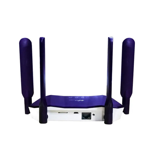 Blue 4G dual mode router with four external antennas showing front panel with status lights and connectivity ports