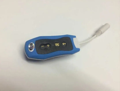 Compact black Bluetooth MP3 headset with clip, shown next to USB charging cable.