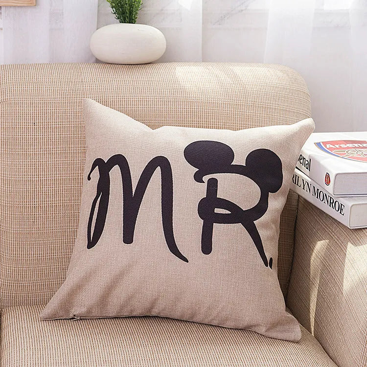 Valentine linen pillowcase 45x45cm cartoon cushion cover with MR and MRS colour options