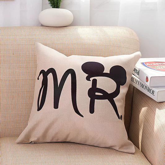 45x45cm Valentine linen pillowcase in cartoon style with MR text on white background