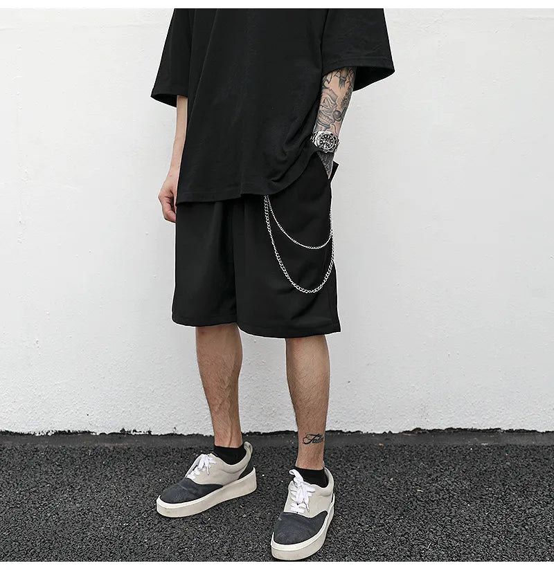 Black cotton trouser chain suit shorts with chain detail, available in sizes S M L XL