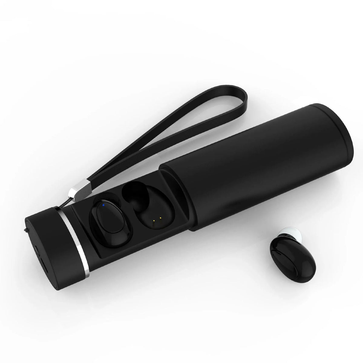 Black wireless neck-mounted sports headphones with magnetic earpieces and charging case