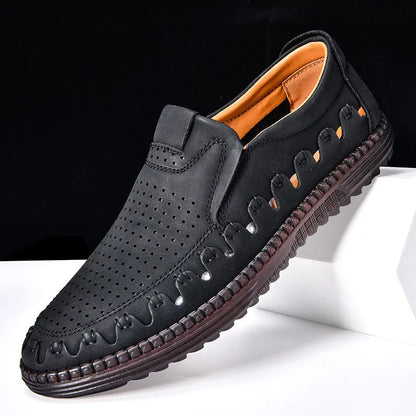 Men's brown slip-on casual shoes with round toe and visible sewing line details