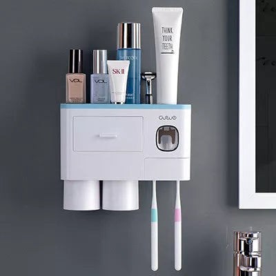 Non-marking hanging magnetic toothbrush holder with toothpaste squeezer and quick-drying cups