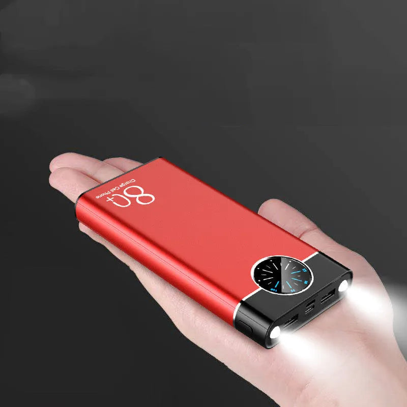 Black, red, and blue coloured 20000mAh fast charging portable power bank with alloy casing.