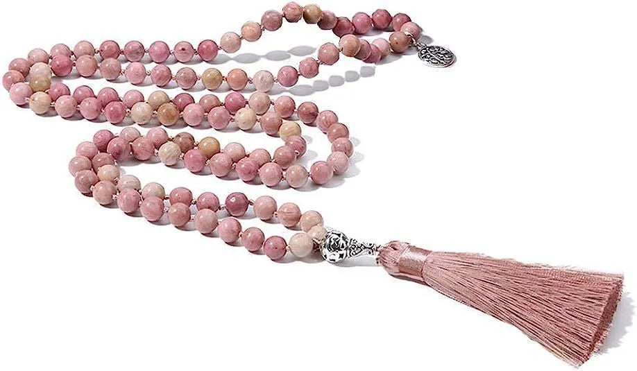 Handmade long stone beaded necklace with 108 8mm beads in a choice of 12 natural colours.