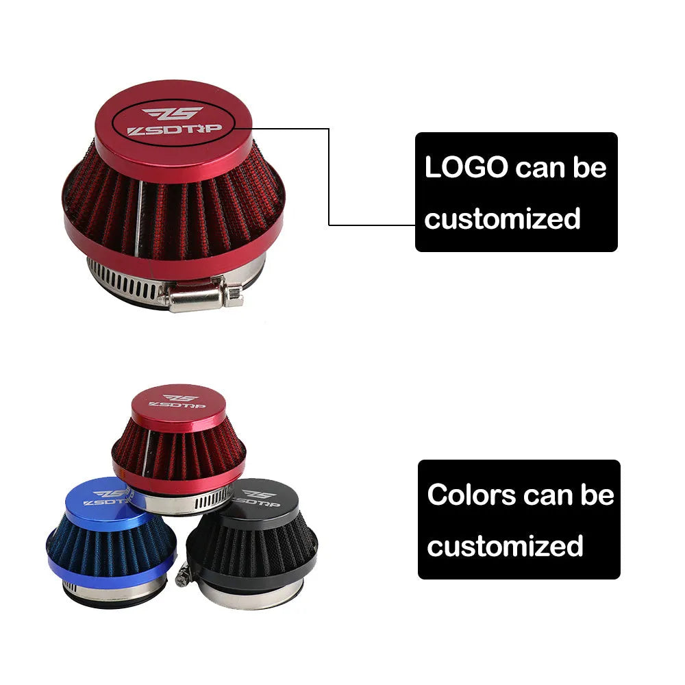 Universal motorcycle air filter E-DGT in 48mm, 55mm, and 60mm sizes, available in black, blue, and red