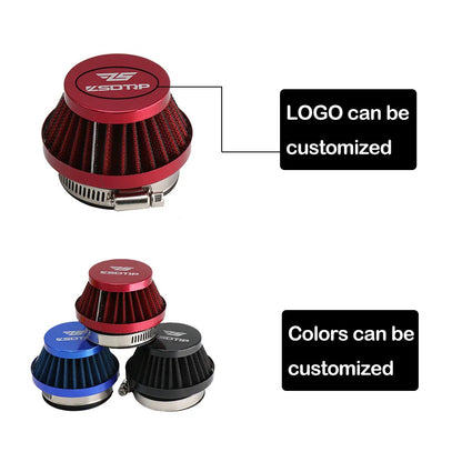 Universal motorcycle air filter E-DGT in 48mm, 55mm, and 60mm sizes, available in black, blue, and red