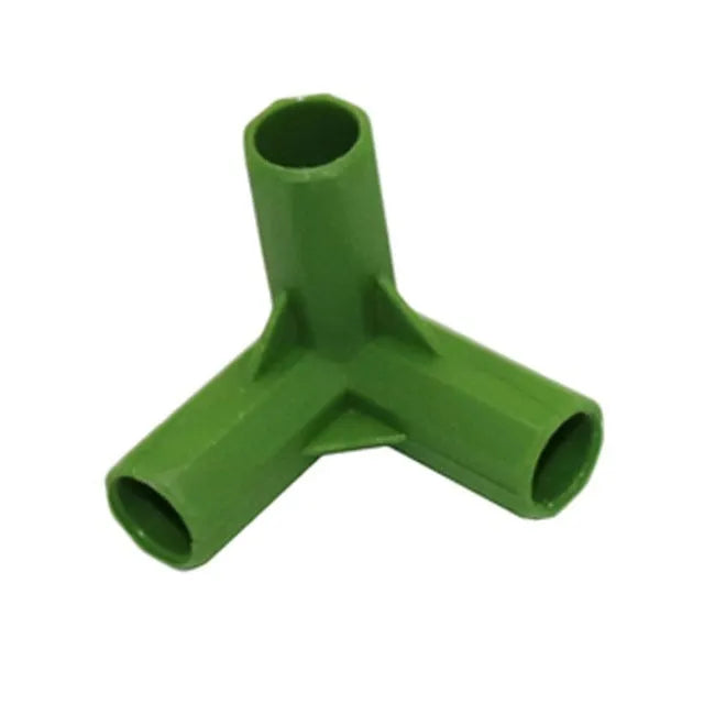 Two white plastic 3-way and 4-way connectors for joining 11mm garden poles to build plant support frames.