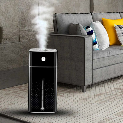 Black desktop humidifier measuring 103x103x218mm with USB cable, water tank showing 1000ml capacity